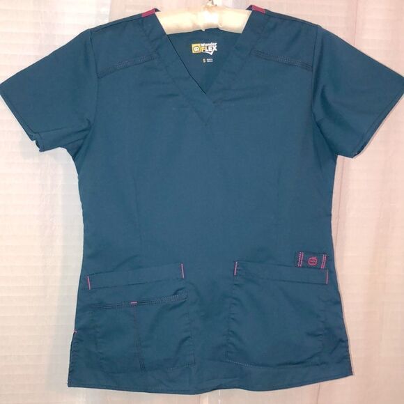 Wonder Wink S Flex Teal Blue Fuchsia Pink V-Neck Scrub Top - Picture 1 of 12